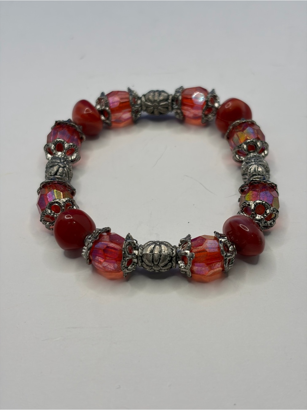 Red Iridescent Beaded Stretch Bracelet Silver Tone Boho
